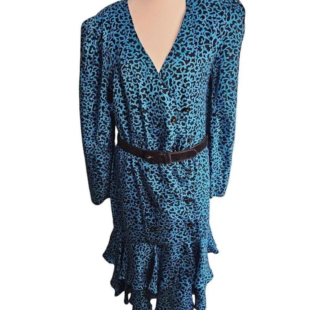 Vintage 80s Maggie London Dress Womens 8 Blue Black Silk Midi Drop Waist Peplum